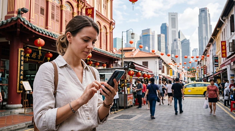 Tourists using mobile internet in Singapore city with eSIM for Google Maps, Grab, MRT routes and travel apps