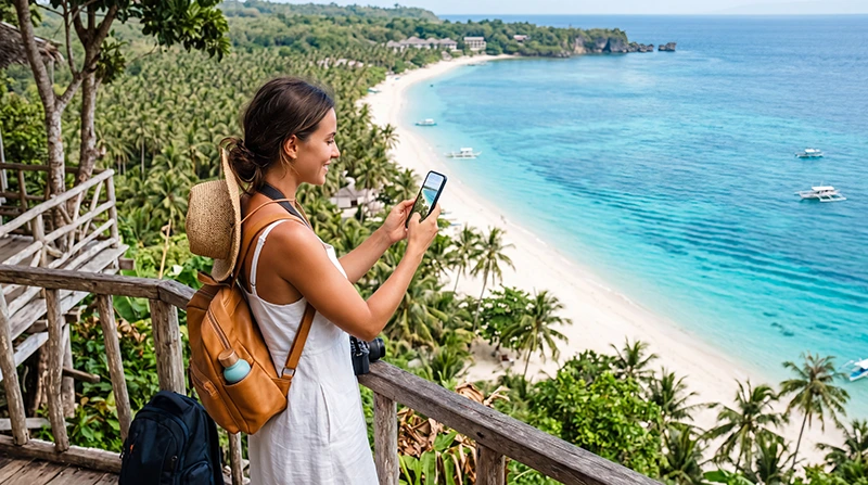 Tourist using mobile internet while exploring Siquijor Island in the Philippines