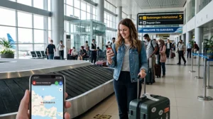 Traveler using mobile internet on a smartphone after arriving at Surabaya Airport in Indonesia