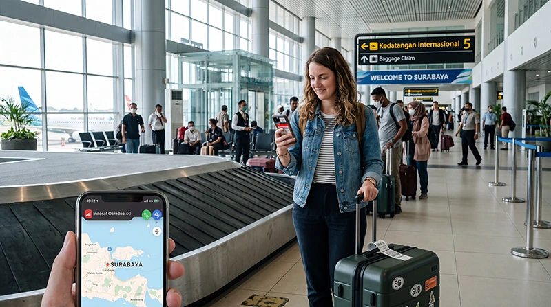 Traveler using mobile internet on a smartphone after arriving at Surabaya Airport in Indonesia