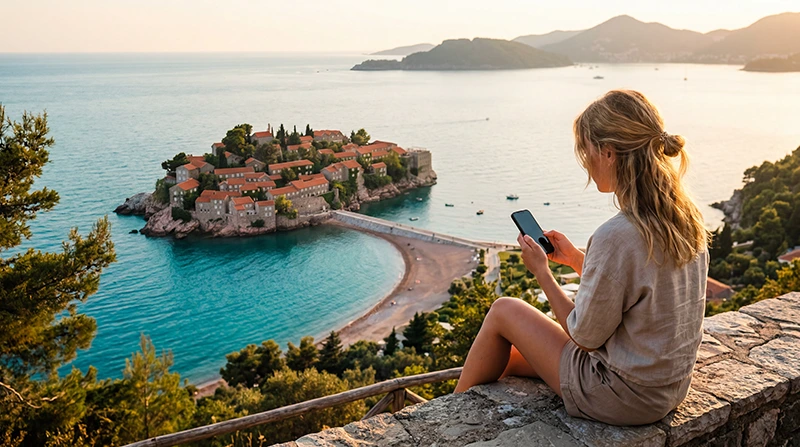 Tourist using mobile internet while visiting Sveti Stefan in Montenegro