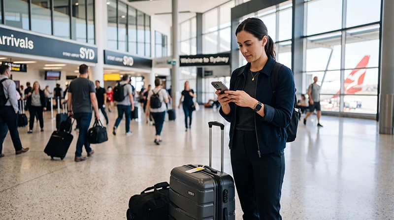 Traveler accessing mobile internet at Sydney Airport after arriving in Australia