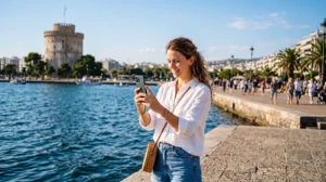 Tourist in Thessaloniki using mobile internet near the White Tower and waterfront