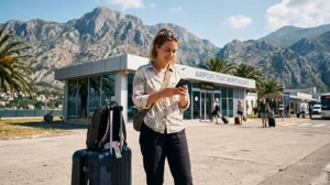 Traveler using mobile internet after arriving at Tivat Airport in Montenegro