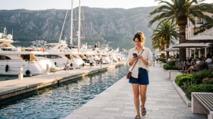 Tourist using mobile internet while exploring Tivat and Porto Montenegro