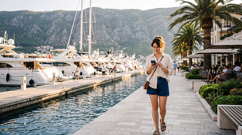 Tourist using mobile internet while exploring Tivat and Porto Montenegro
