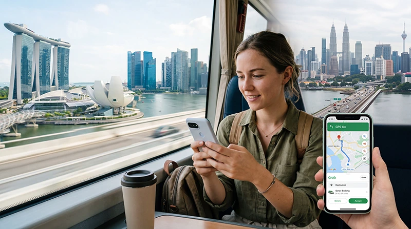 Traveler using mobile internet while traveling between Singapore and Malaysia with eSIM and smartphone navigation