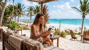 Tourist using smartphone with mobile internet during a beach vacation in Tulum Mexico