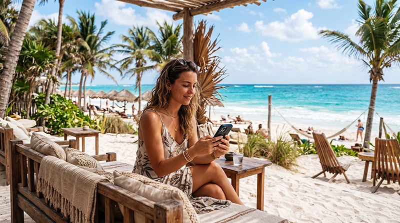 Tourist using smartphone with mobile internet during a beach vacation in Tulum Mexico