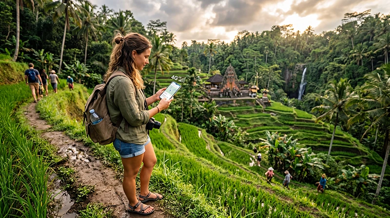 Tourist using mobile internet on a smartphone while exploring Ubud in Bali, Indonesia