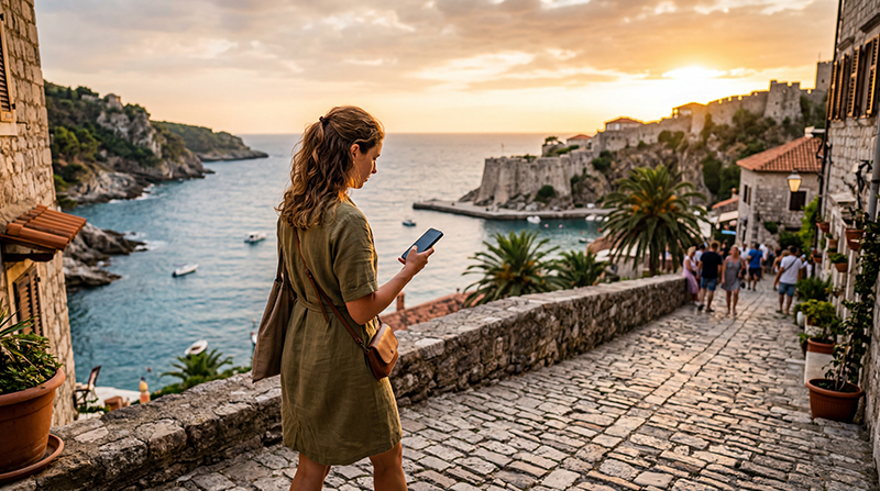Tourist using mobile internet while exploring Ulcinj in Montenegro