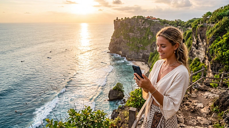 Tourist using mobile internet on a smartphone while exploring Uluwatu cliffs and beaches in Bali, Indonesia