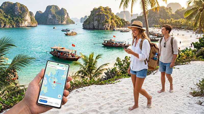 Travelers using mobile internet while exploring islands in Vietnam