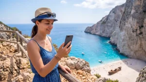 Tourist using mobile internet in Zakynthos near Navagio Beach and the Ionian Sea