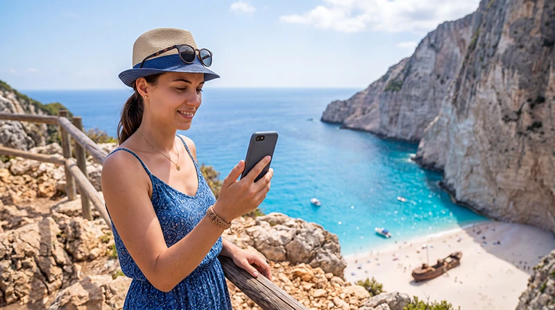 Tourist using mobile internet in Zakynthos near Navagio Beach and the Ionian Sea