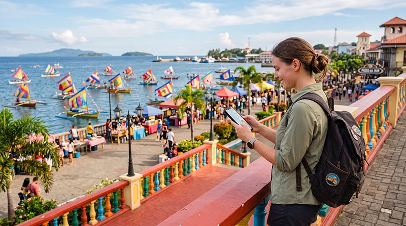 Tourist using mobile internet while exploring Zamboanga City in the Philippines