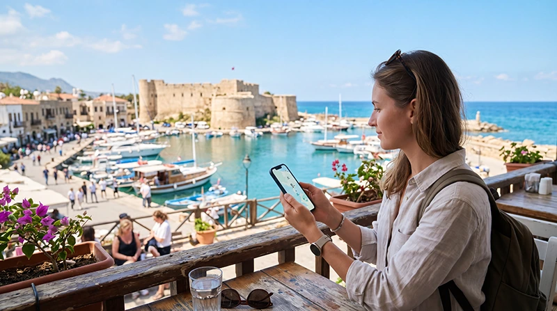 Traveler using high-speed mobile internet in North Cyprus