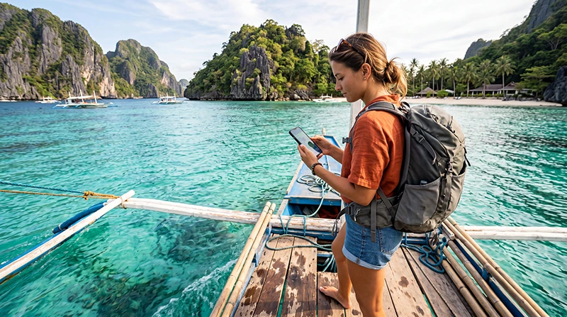Traveler using mobile internet while island hopping across the Philippines