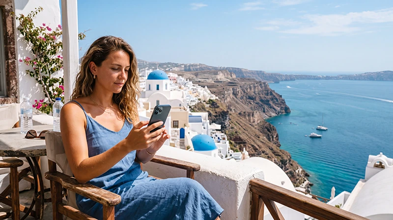 Traveler comparing local SIM card and eSIM options while visiting Greece
