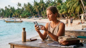 Tourist in Bali comparing a local SIM card and eSIM for mobile internet in Indonesia