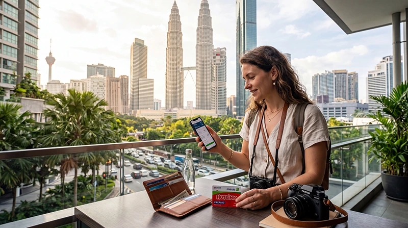 Tourist comparing a local SIM card and eSIM options while traveling in Malaysia