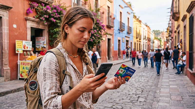 Traveler comparing local SIM card and eSIM options on smartphone while visiting Mexico