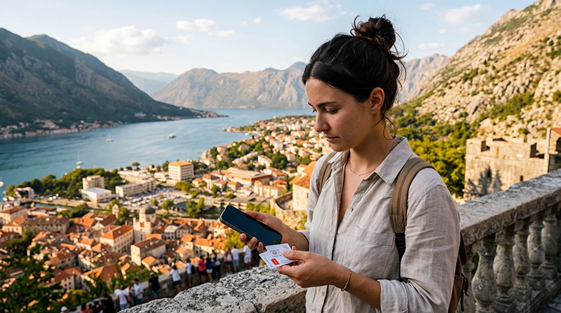 Traveler comparing a local SIM card and eSIM for mobile internet in Montenegro