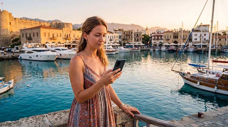 Traveler comparing a local SIM card and eSIM for mobile internet in North Cyprus