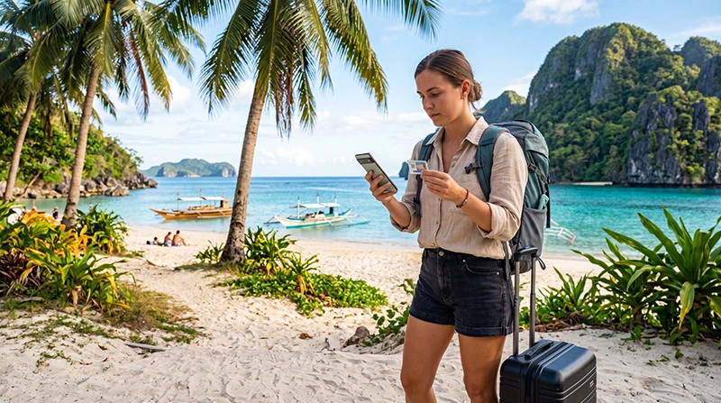 Traveler comparing local SIM card and eSIM options while visiting the Philippines
