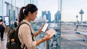 Traveler comparing local SIM card and Singapore eSIM for mobile internet