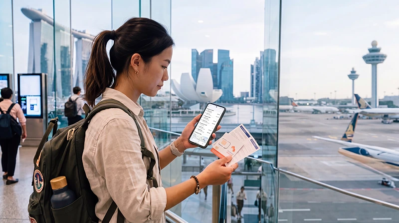 Traveler comparing local SIM card and Singapore eSIM for mobile internet