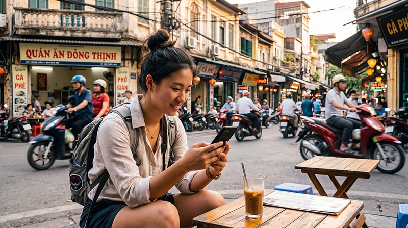 Traveler comparing local SIM card and eSIM options for mobile internet in Vietnam