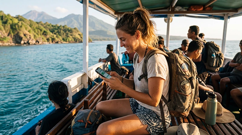 Long-term traveler using an eSIM while exploring multiple destinations across Indonesia