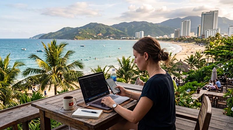 Long-term traveler using an eSIM while exploring Vietnam