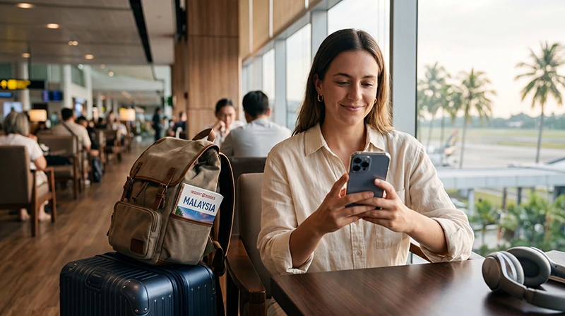 Traveler installing a Malaysia eSIM on an iPhone before a trip