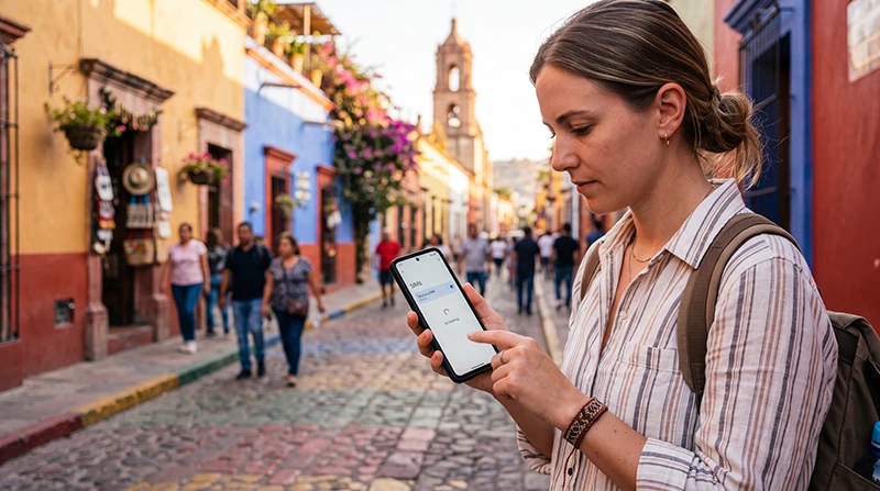Traveler setting up Mexico eSIM on Android phone before using mobile data in Mexico