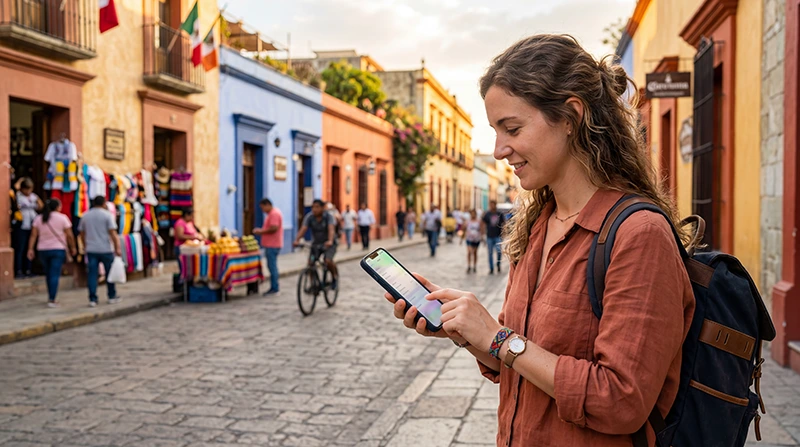Traveler setting up Mexico eSIM on iPhone before using mobile data in Mexico