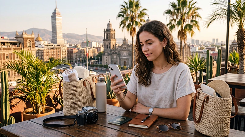 Traveler checking roaming charges before using mobile data in Mexico