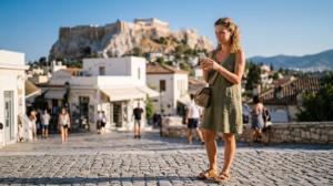 Tourist in Athens using mobile data near the Acropolis