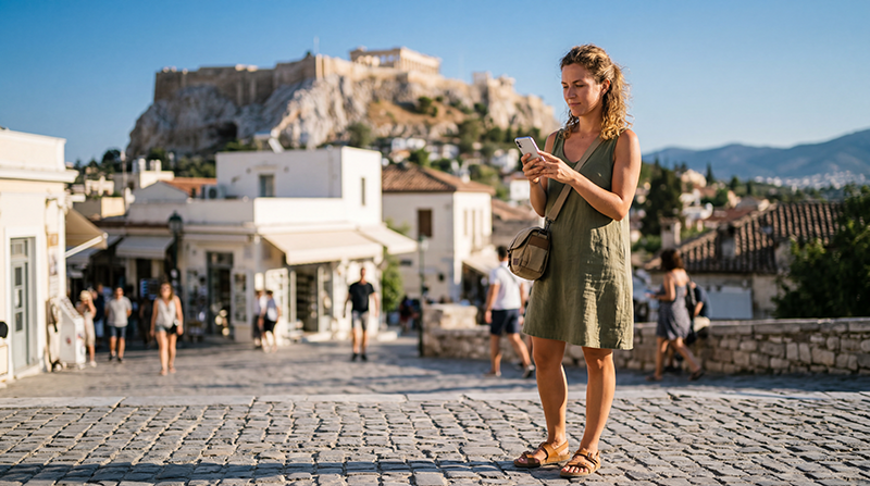 Tourist in Athens using mobile data near the Acropolis