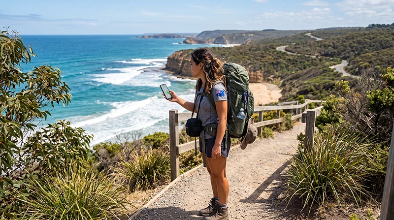 Backpacker using mobile data while traveling across Australia