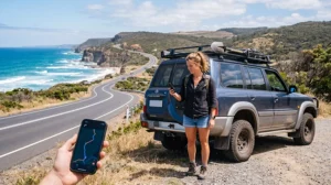 Traveler using mobile data during an Australia road trip