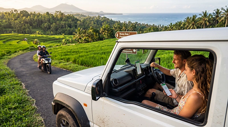 Travelers using mobile data and smartphone navigation during a Bali road trip