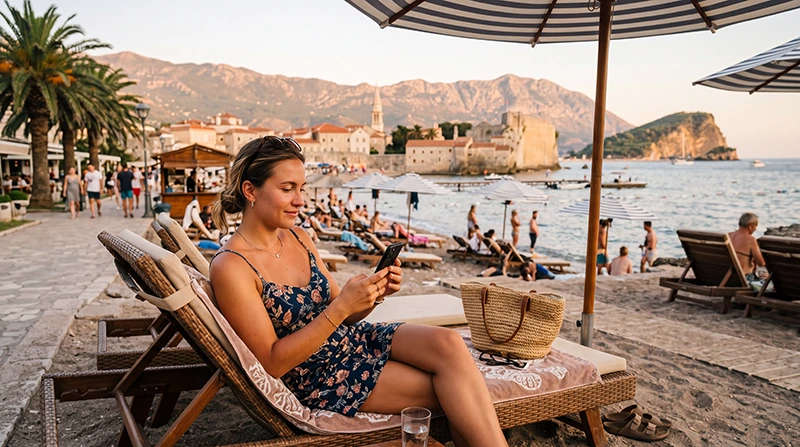 Tourist using mobile data with an eSIM while visiting Budva in Montenegro