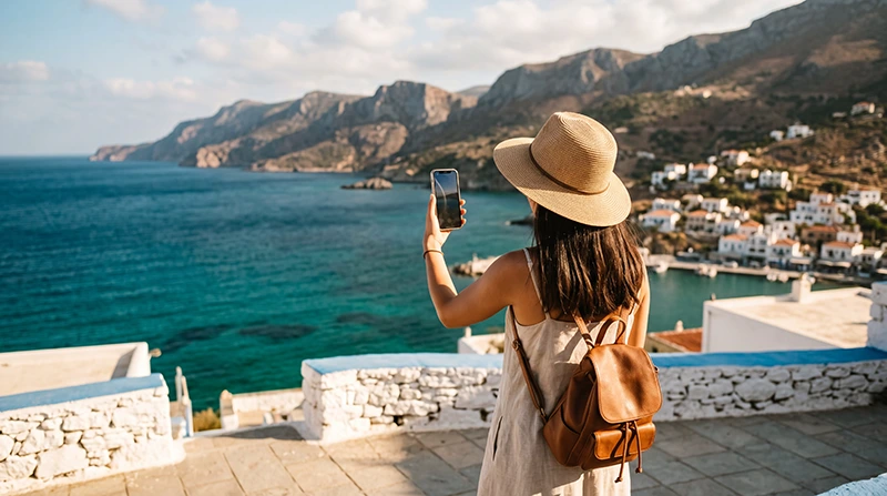 Tourist in Crete using mobile data with the Mediterranean Sea and mountains in the background
