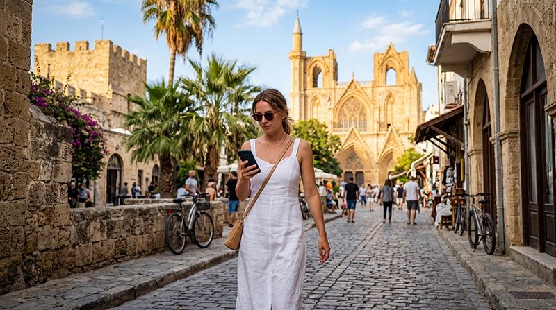 Traveler using mobile data with an eSIM while visiting Famagusta in North Cyprus