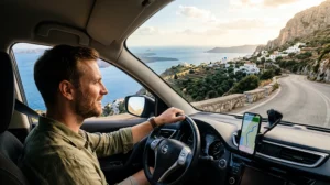 Traveler using mobile data during a road trip across Greece