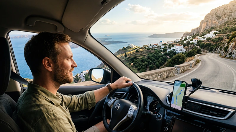 Traveler using mobile data during a road trip across Greece