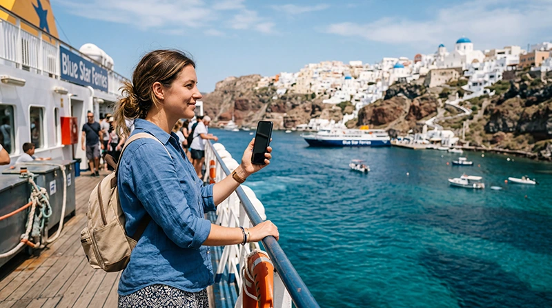 Traveler using mobile data while island hopping across the Greek Islands