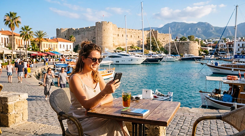 Traveler using mobile data with an eSIM while visiting Kyrenia in North Cyprus